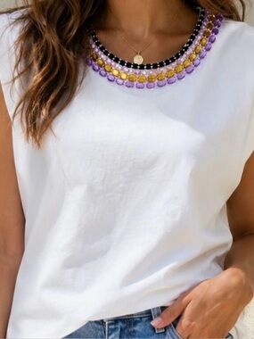 Ava James White Beaded Neck Cap-Sleeve Top